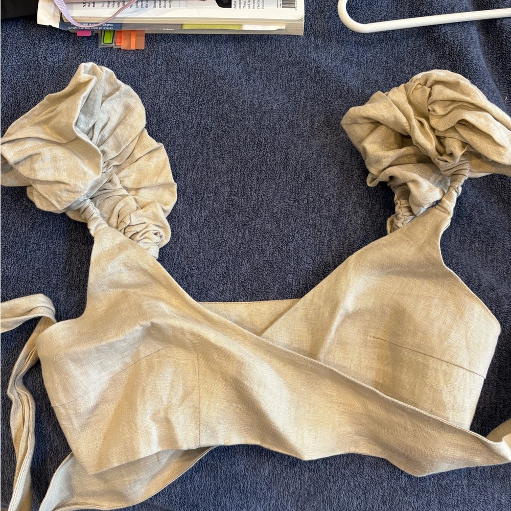 Beige Ruched Sleeve Crop Top